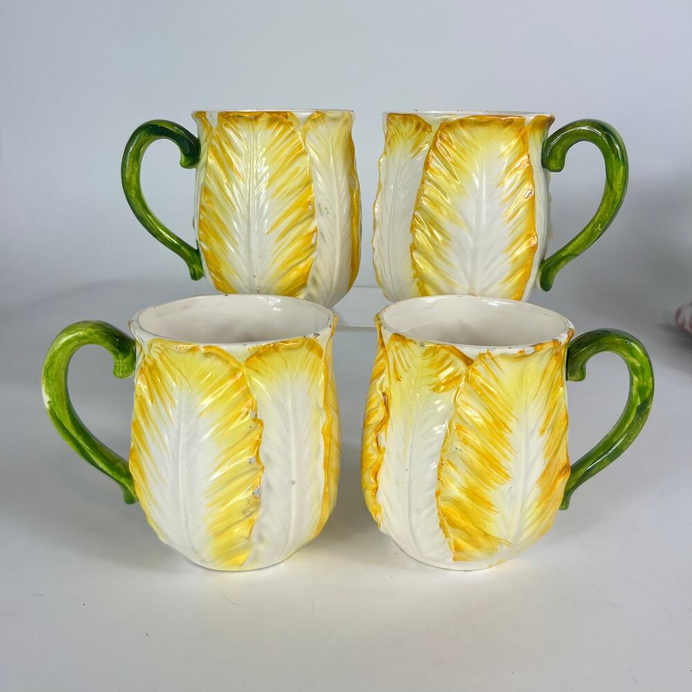 Set 4 Lefton China Yellow Cabbage Rose Coffee Mugs Retired Vtg Rare POOR 7057